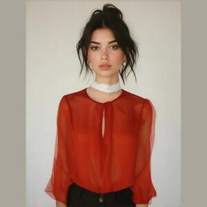 H&M Orange Sheer Dotted Draw String Waist Long Sleeve Layer Career Blouse 6 S